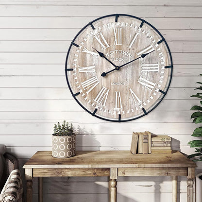 Rustic 24-Inch Farmhouse Wall Clock - Antique Wood & Metal Design with Large Engraved Numerals, Silent Battery Operated for Office, Kitchen, Bedroom & Living Room