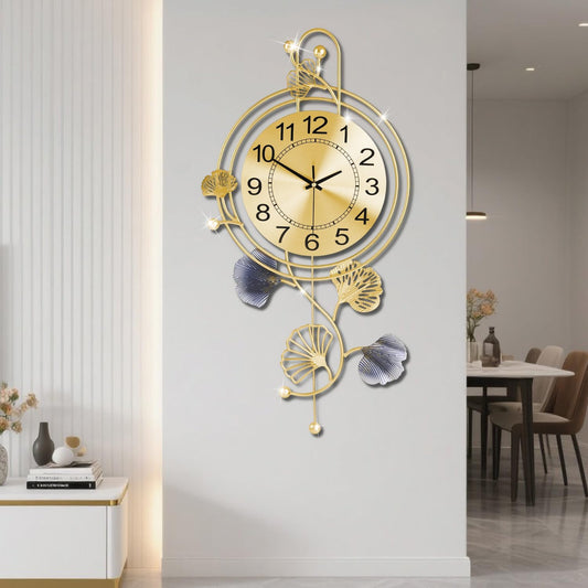 Elegant Silent Metal Wall Clock with Gold and Blue Leaves - Modern Design for Living Room, Bedroom, Office (25"x12") - Black Butterfly Accent