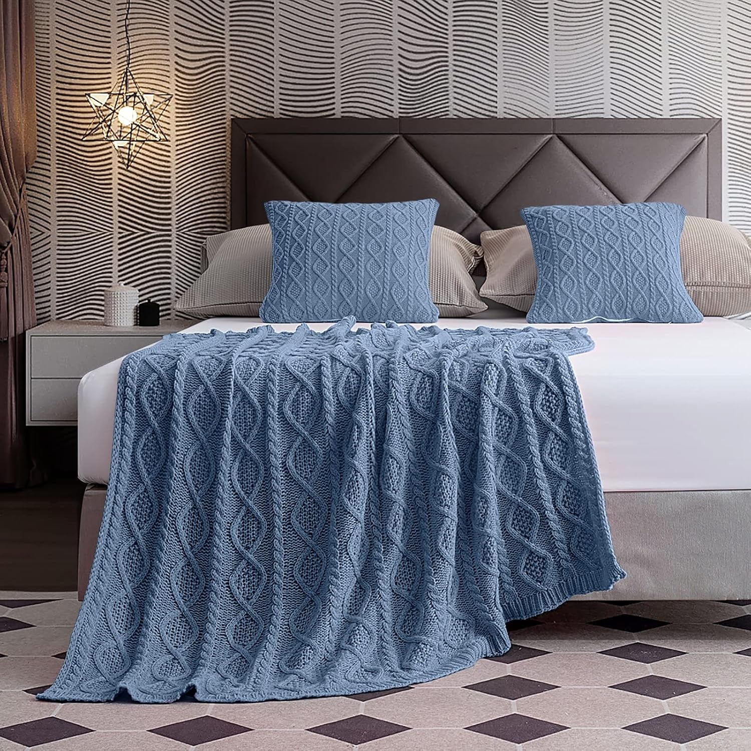 Cozy Dusty Blue Cable Knit Throw Blanket & Pillow Set - Soft Decorative Couch & Bed Essentials (50"x60" Blanket + 2 Pillow Covers)