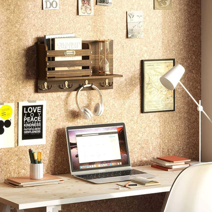 Stylish Rustic Wood Wall-Mounted Mail Organizer with Key Hooks - Large Size Entryway Decor in Dark Brown