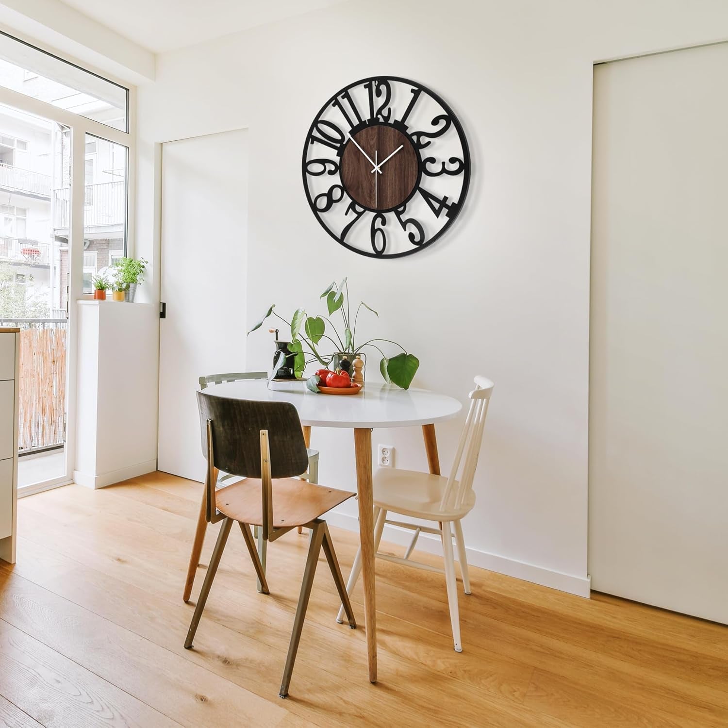 Elegant 13" Silent Non-Ticking Wall Clock - Antique Black Metal & Wood Design for Living Room, Bedroom, Kitchen, and Dining Room Decor with Arabic Numerals