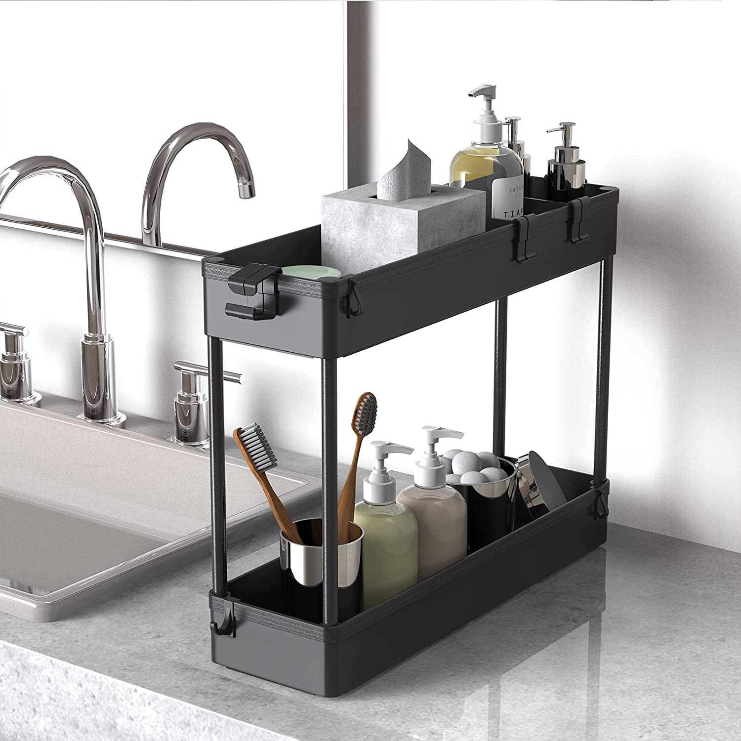 4-Tier Slim Storage Cart - Versatile Rolling Organizer for Bathroom, Kitchen, Office & Laundry Room - Perfect for Narrow Spaces - Sleek Black Design