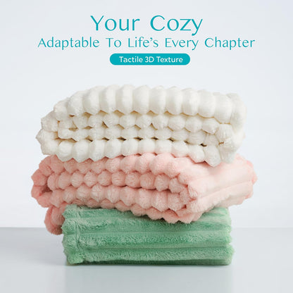 Cozy  White Throw Blanket - Soft Fleece 3D Ribbed Jacquard, Perfect Birthday Gift for Women, Moms & Girls - Aesthetic Home Decor, 50x60 Inches