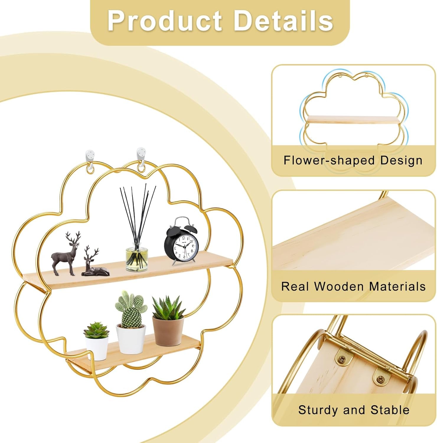 Elegant Gold Flower Floating Wall Shelf - Modern Iron Display Organizer for Bedroom, Nursery, and Living Room Decor