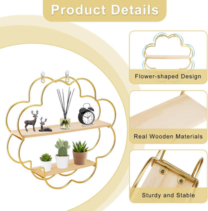Elegant Gold Flower Floating Wall Shelf - Modern Iron Display Organizer for Bedroom, Nursery, and Living Room Decor