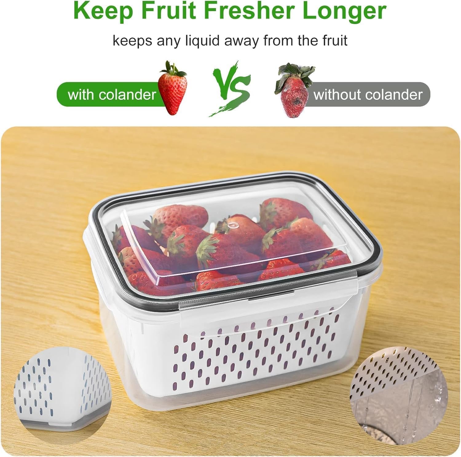 4-Piece Airtight Fruit Storage Containers with Removable Colander - Keep Berries and Vegetables Fresh Longer in the Fridge, Dishwasher Safe Produce Saver