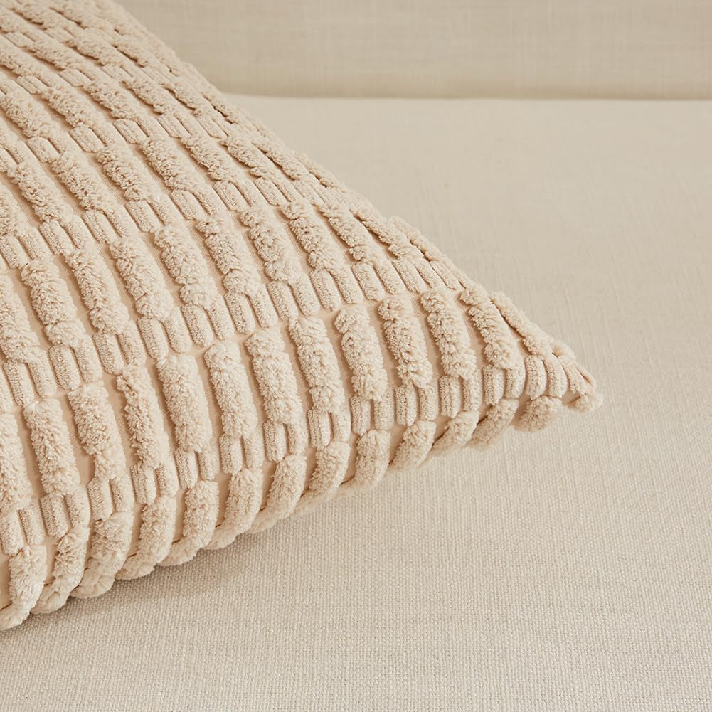 Chic 4-Pack Neutral Decorative Throw Pillow Covers - 18x18 Inch Soft Plush Striped Corduroy Cushion Cases for Rustic Farmhouse Boho Home Decor