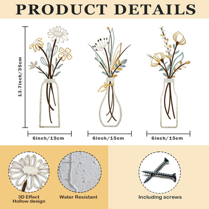 Chic Rustic Metal Flower Wall Art Set - 3 Pieces Beige Minimalist Decor for Living Room, Bathroom, Bedroom, Dining Room - Perfect Housewarming Gift!