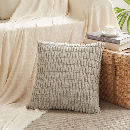 Chic 4-Pack Neutral Decorative Throw Pillow Covers - 18x18 Inch Soft Plush Striped Corduroy Cushion Cases for Rustic Farmhouse Boho Home Decor