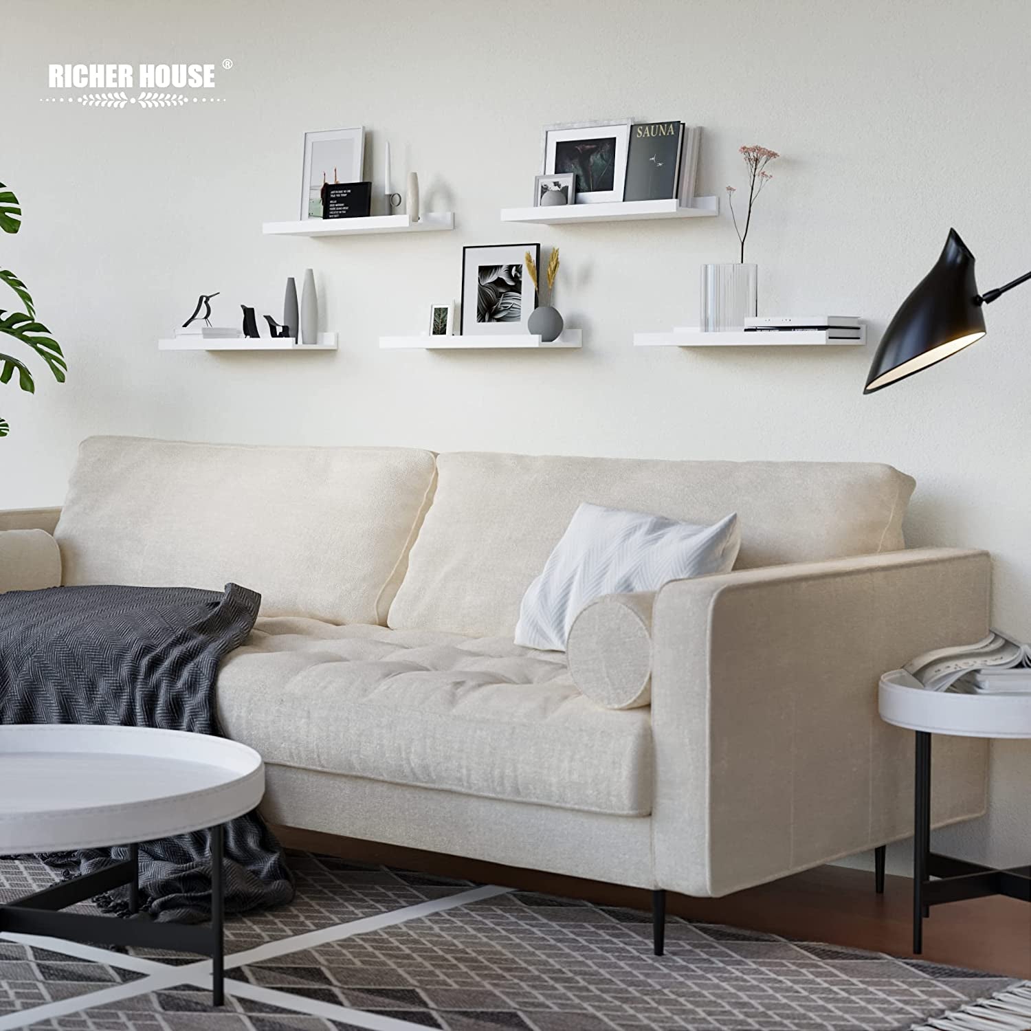 5-Piece White Floating Shelves Set - Stylish Wall-Mounted Picture Ledge for Nursery, Bedroom, Living Room, and Bathroom Decor