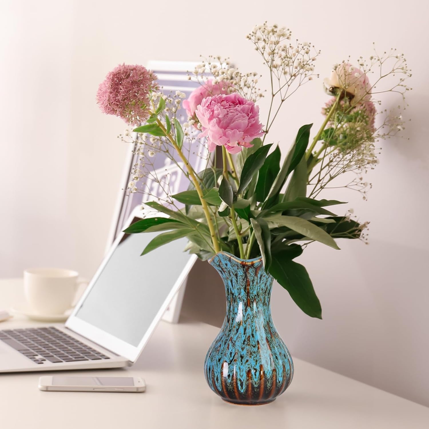 Elegant Blue Ceramic Vase - Modern Small Flower Centerpiece for Home, Office & Special Occasions