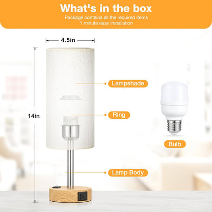 Elegant 3-Way Dimmable Touch Bedside Table Lamp with USB-C Charging and AC Outlet - Perfect for Bedroom, Living Room & Desk - Includes LED Bulb and Stylish Wood Base