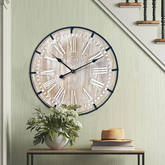 Rustic 24-Inch Farmhouse Wall Clock - Antique Wood & Metal Design with Large Engraved Numerals, Silent Battery Operated for Office, Kitchen, Bedroom & Living Room