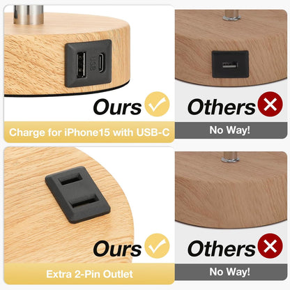 Elegant 3-Way Dimmable Touch Bedside Table Lamp with USB-C Charging and AC Outlet - Perfect for Bedroom, Living Room & Desk - Includes LED Bulb and Stylish Wood Base