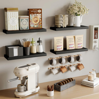 Stylish Rustic Floating Shelves - Set of 4 Black Wall-Mounted Wood Shelves for Home Decor, Storage, and Organization (15.8 Inch)