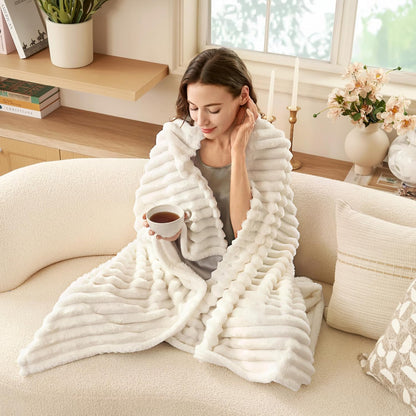 Cozy  White Throw Blanket - Soft Fleece 3D Ribbed Jacquard, Perfect Birthday Gift for Women, Moms & Girls - Aesthetic Home Decor, 50x60 Inches
