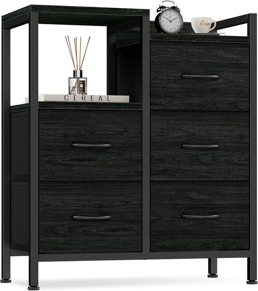 Stylish 5-Drawer Black Dresser with 2-Tier Shelf - Modern Fabric Storage Solution for Bedroom and Closet Organization
