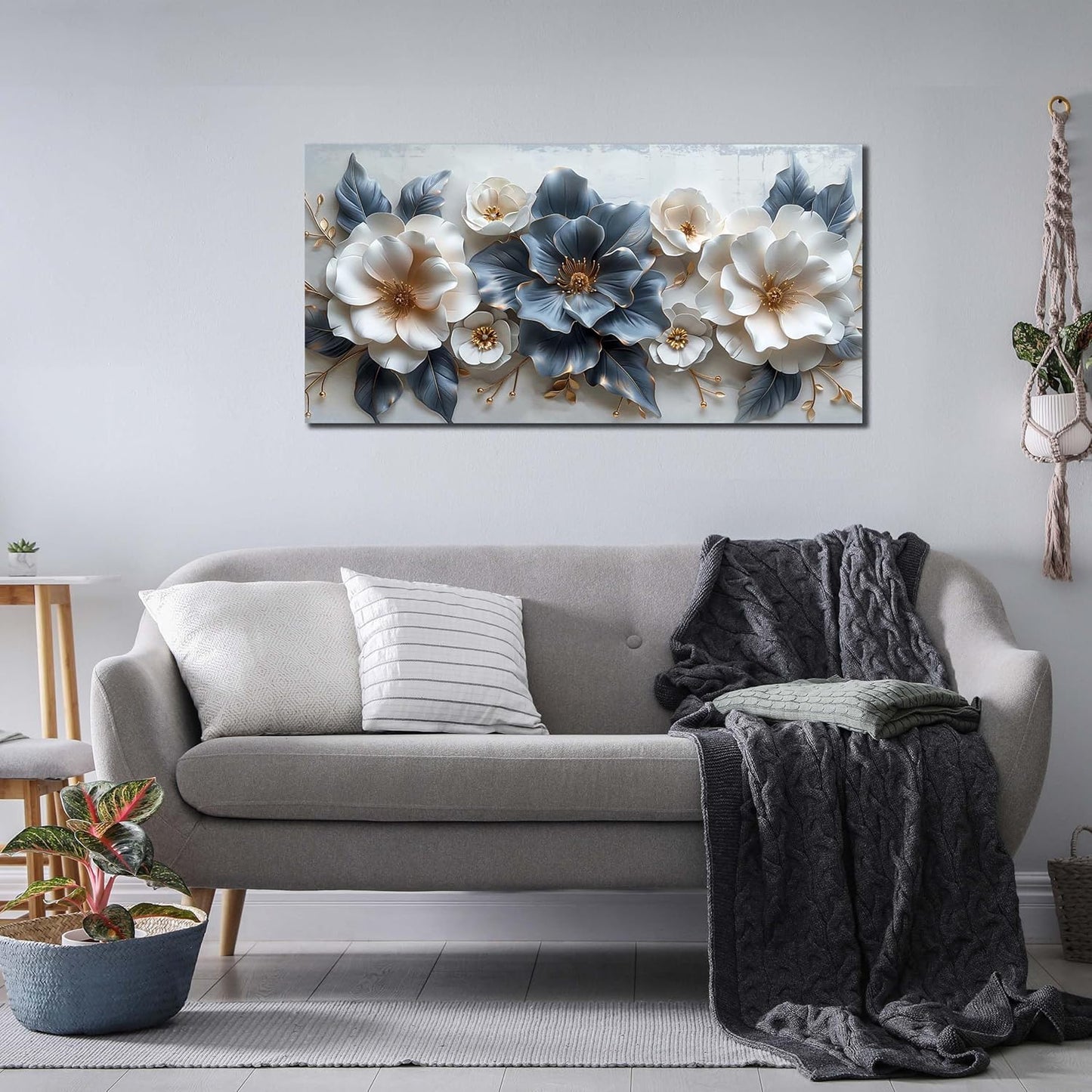 Stunning Blue and White Flower Prints Wall Art - Aesthetic 20" X 40" Decor for Living Room, Office, and Bedroom