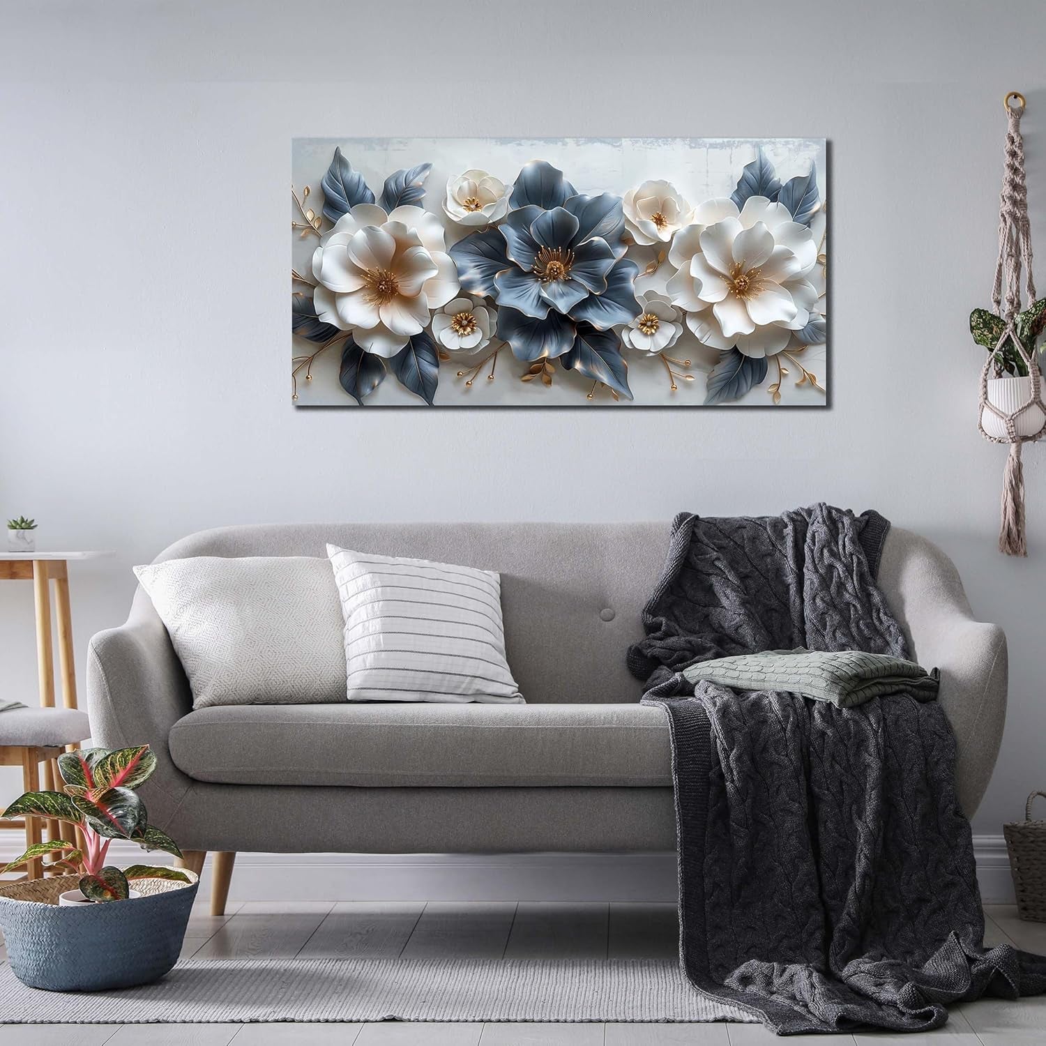 Stunning Blue and White Flower Prints Wall Art - Aesthetic 20" X 40" Decor for Living Room, Office, and Bedroom