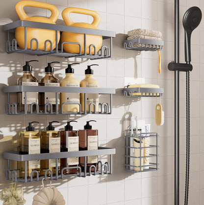 6-Pack Rustproof & Waterproof Shower Caddy - No-Drill Adhesive Shelves for Bathroom, Dorm & Apartment Organization - Stylish Light Grey Design