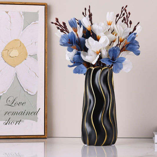 Elegant 7.5" Black Ceramic Vase - Stylish Minimalist Gold Accents, Perfect for Pampas Grass, Boho Home Decor, Weddings, and Gift Giving