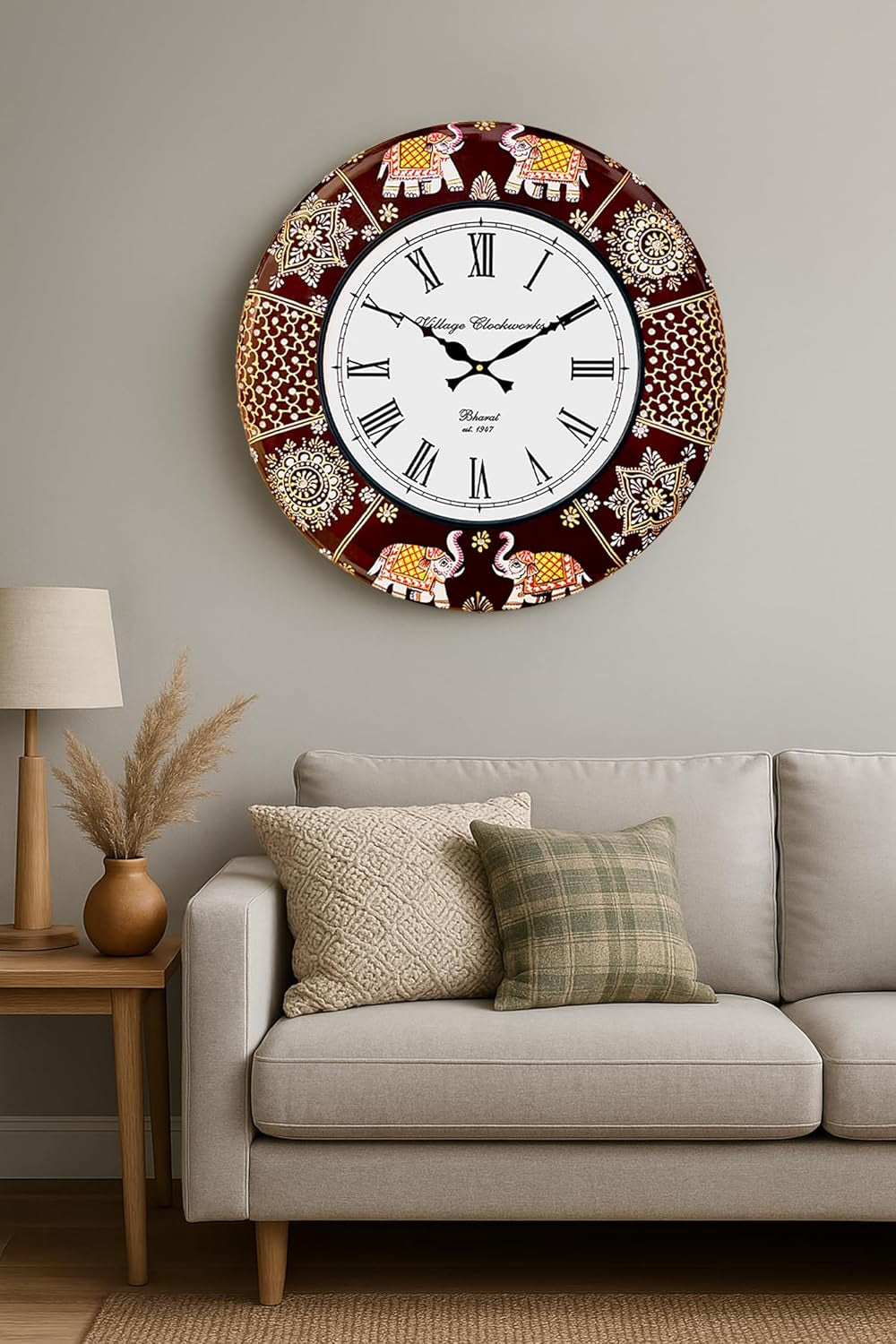 Handcrafted Rajasthani Elephant Wall Clock - Vintage Wooden Design for Living Room, Bedroom & Office - 16 Inch Silent Sweep Movement [KTWC191]