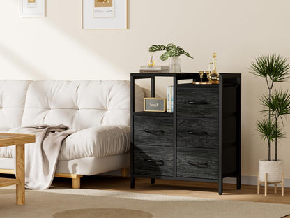 Stylish 5-Drawer Black Dresser with 2-Tier Shelf - Modern Fabric Storage Solution for Bedroom and Closet Organization