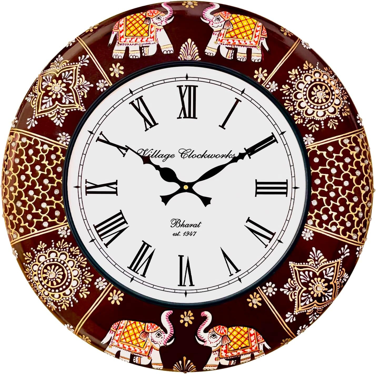 Handcrafted Rajasthani Elephant Wall Clock - Vintage Wooden Design for Living Room, Bedroom & Office - 16 Inch Silent Sweep Movement [KTWC191]