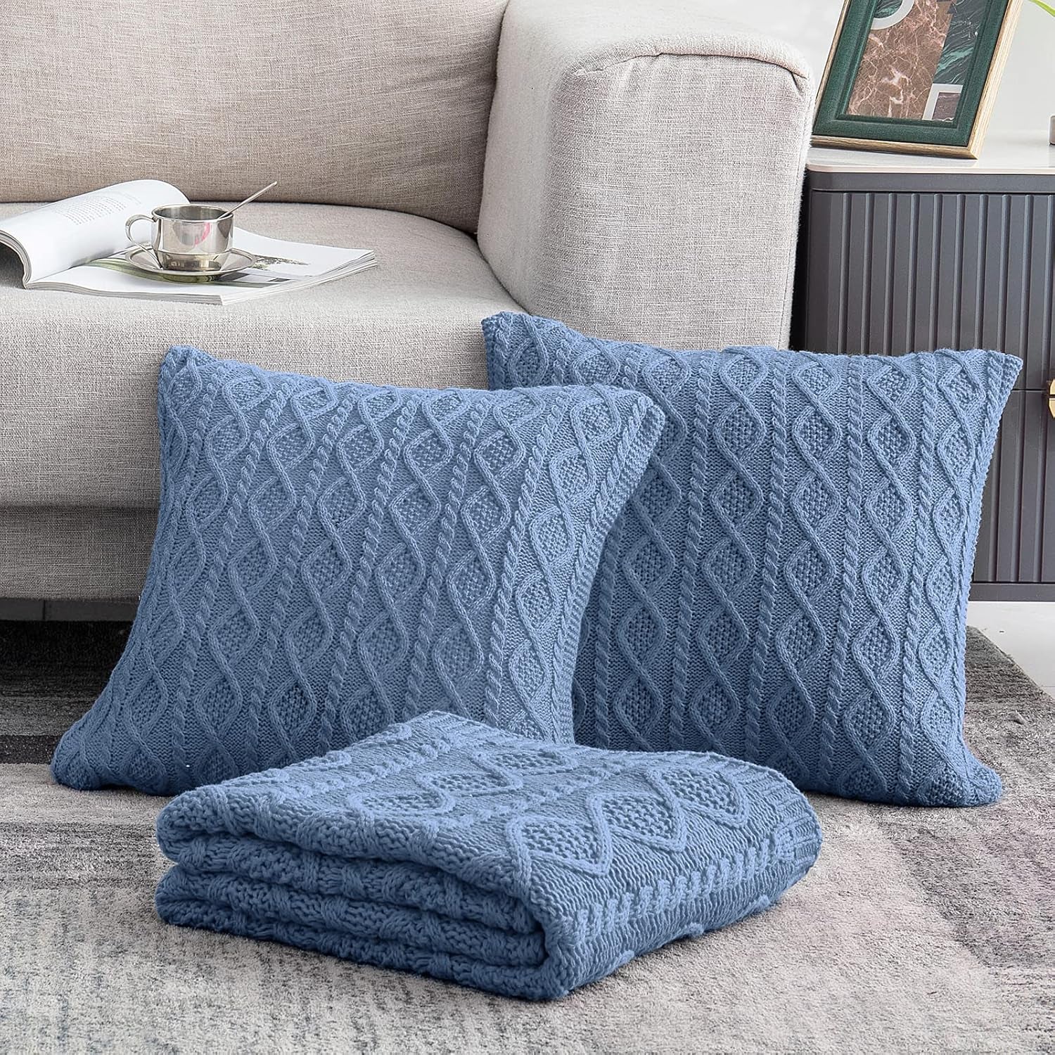 Cozy Dusty Blue Cable Knit Throw Blanket & Pillow Set - Soft Decorative Couch & Bed Essentials (50"x60" Blanket + 2 Pillow Covers)