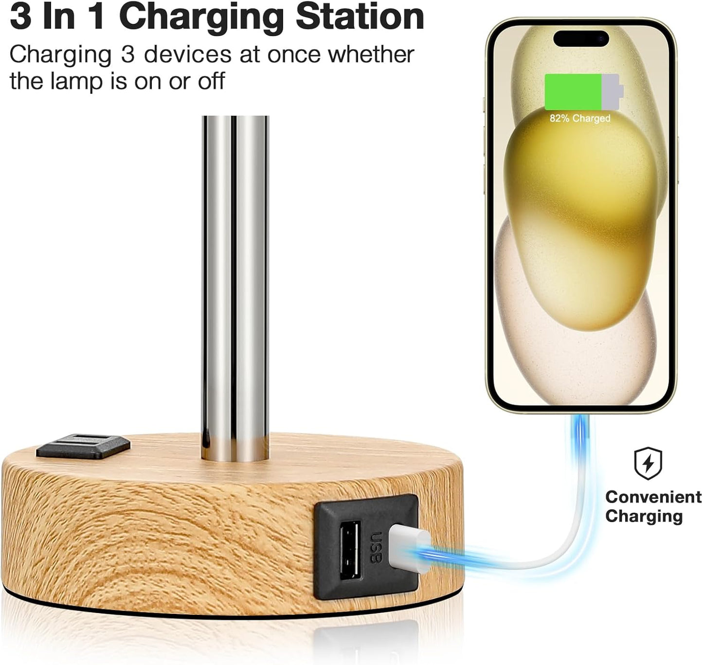 Elegant 3-Way Dimmable Touch Bedside Table Lamp with USB-C Charging and AC Outlet - Perfect for Bedroom, Living Room & Desk - Includes LED Bulb and Stylish Wood Base
