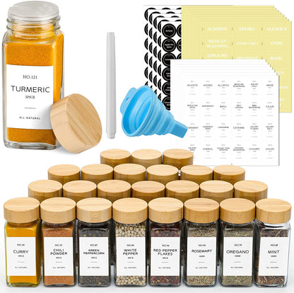 24-Piece Glass Spice Jar Set with Bamboo Lids - 4 Oz Minimalist Jars, Spice Labels, and Collapsible Funnel for Stylish Kitchen Storage