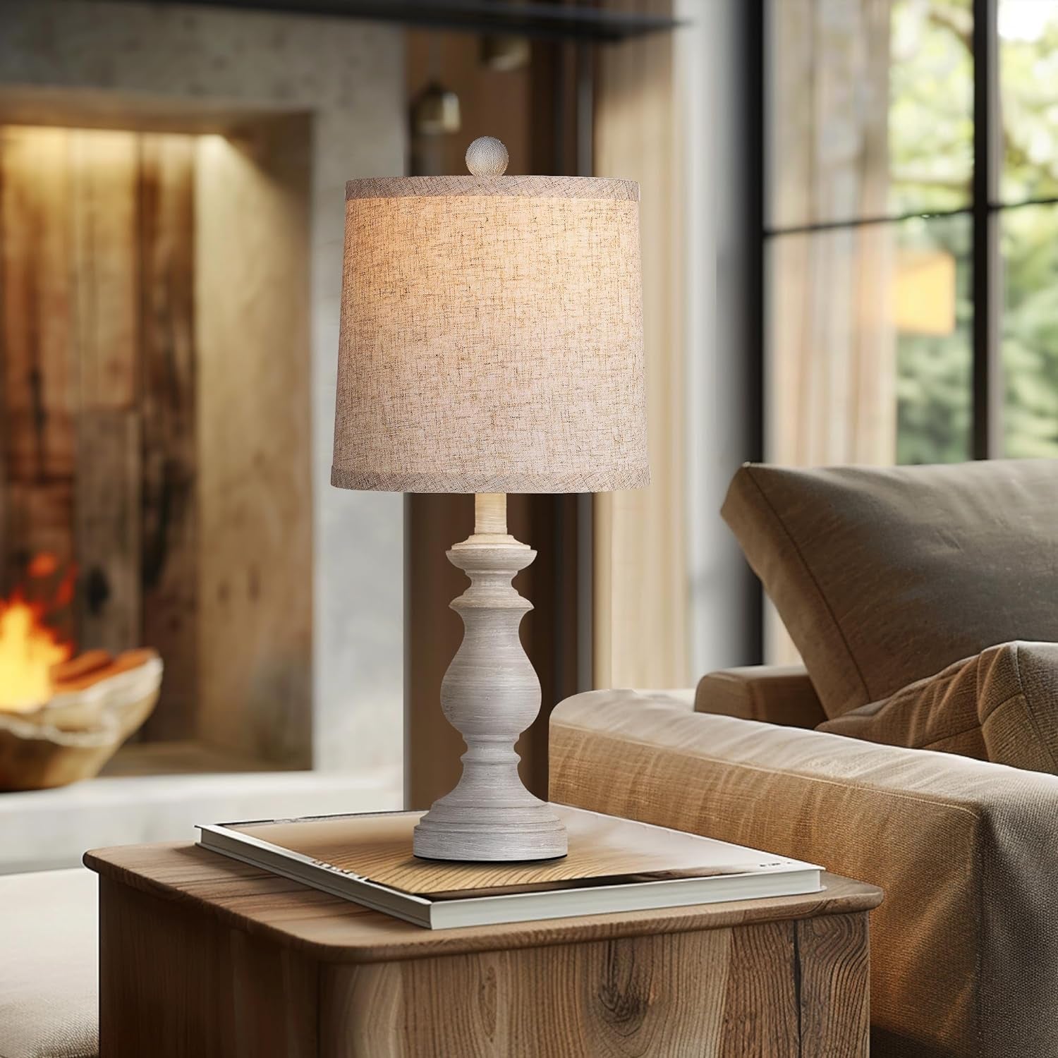 Rustic Farmhouse Table Lamp Set of 2 - 22" Vintage Nightstand Lamps with Linen Shades in Antique Grey for Living Room & Bedroom