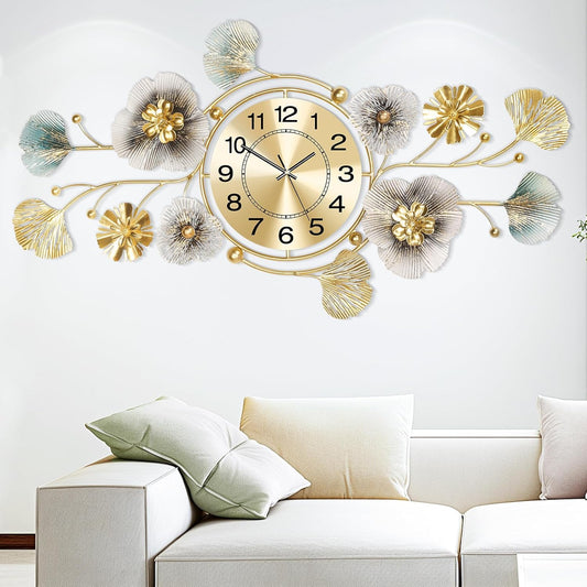Elegant 3D Metal Ginkgo Leaf Wall Clock - Silent Large Decor for Living Room, Versatile Vertical or Horizontal Display (33''X14'')