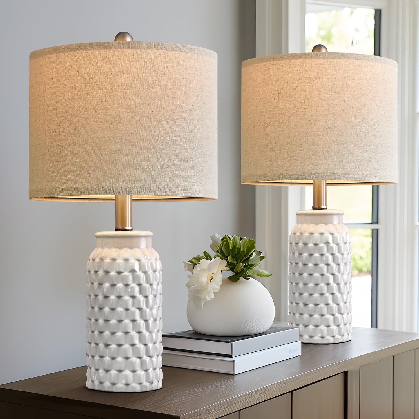 Set of 2 Stylish 20.5" White Modern Ceramic Bedside Lamps - Perfect for Bedroom, Living Room, or Office Decor