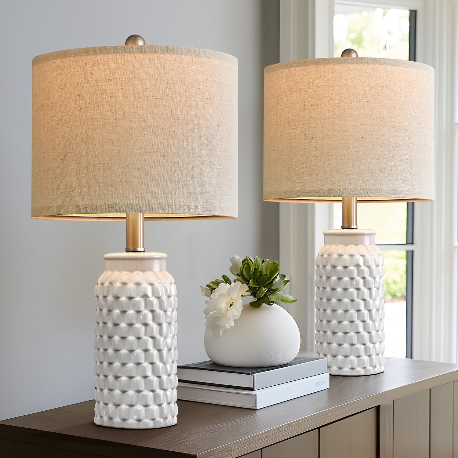 Set of 2 Stylish 20.5" White Modern Ceramic Bedside Lamps - Perfect for Bedroom, Living Room, or Office Decor