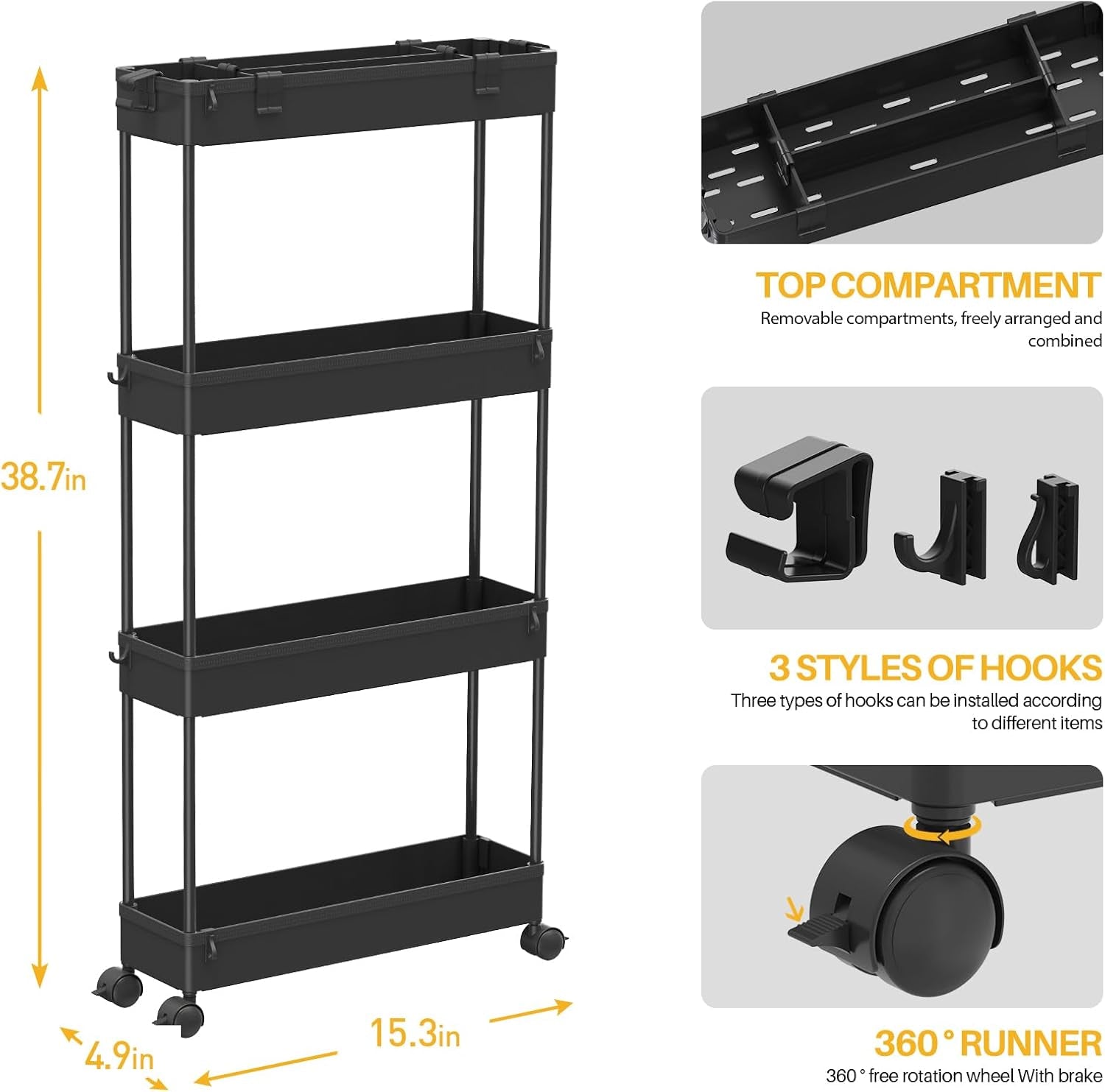 4-Tier Slim Storage Cart - Versatile Rolling Organizer for Bathroom, Kitchen, Office & Laundry Room - Perfect for Narrow Spaces - Sleek Black Design