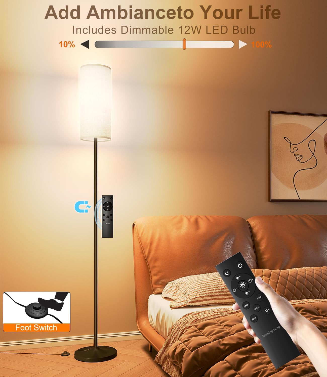 Dimmable LED Floor Lamp with Remote & Foot Switch - Custom Color Temperature Black Pole Lamp for Living Room, Bedroom, Office & Kids Room - 12W Tall Lampshade Included