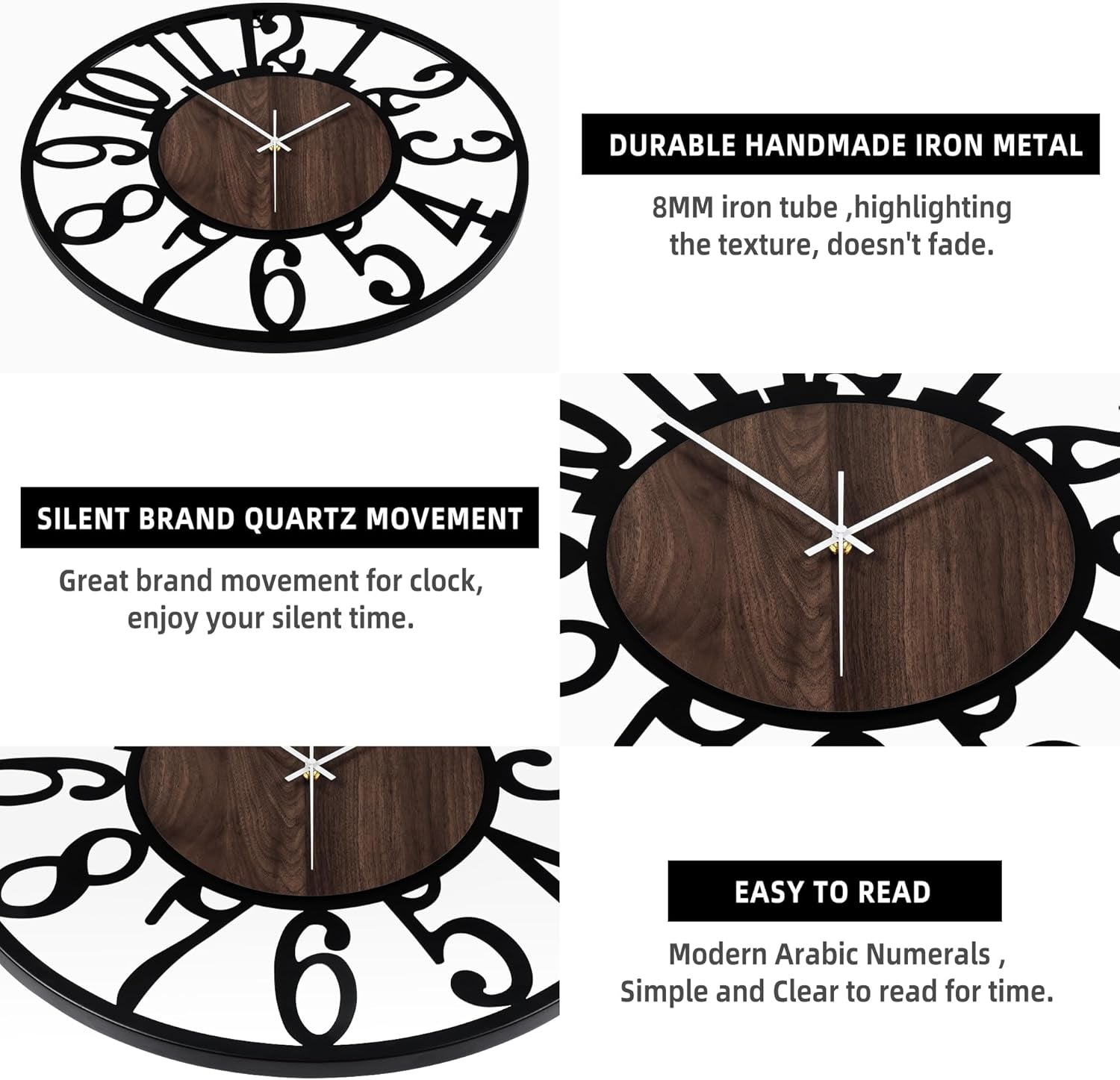 Elegant 13" Silent Non-Ticking Wall Clock - Antique Black Metal & Wood Design for Living Room, Bedroom, Kitchen, and Dining Room Decor with Arabic Numerals