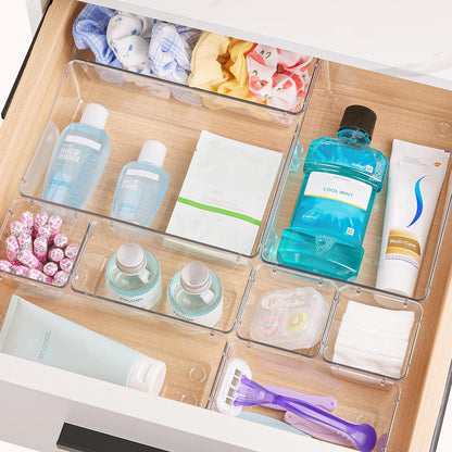 25 PCS Clear Plastic Drawer Organizers Set - Versatile Storage Bins for Makeup, Kitchen, and Office - Perfect for Bathroom and Vanity Organization