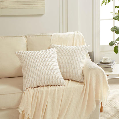 Chic 4-Pack Neutral Decorative Throw Pillow Covers - 18x18 Inch Soft Plush Striped Corduroy Cushion Cases for Rustic Farmhouse Boho Home Decor
