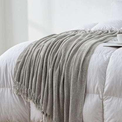 Luxurious Chenille Fluffy Throw Blanket with Decorative Fringe - Perfect for Couch, Sofa, or Chair (50x60 Inches, Grey)