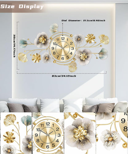 Elegant 3D Metal Ginkgo Leaf Wall Clock - Silent Large Decor for Living Room, Versatile Vertical or Horizontal Display (33''X14'')