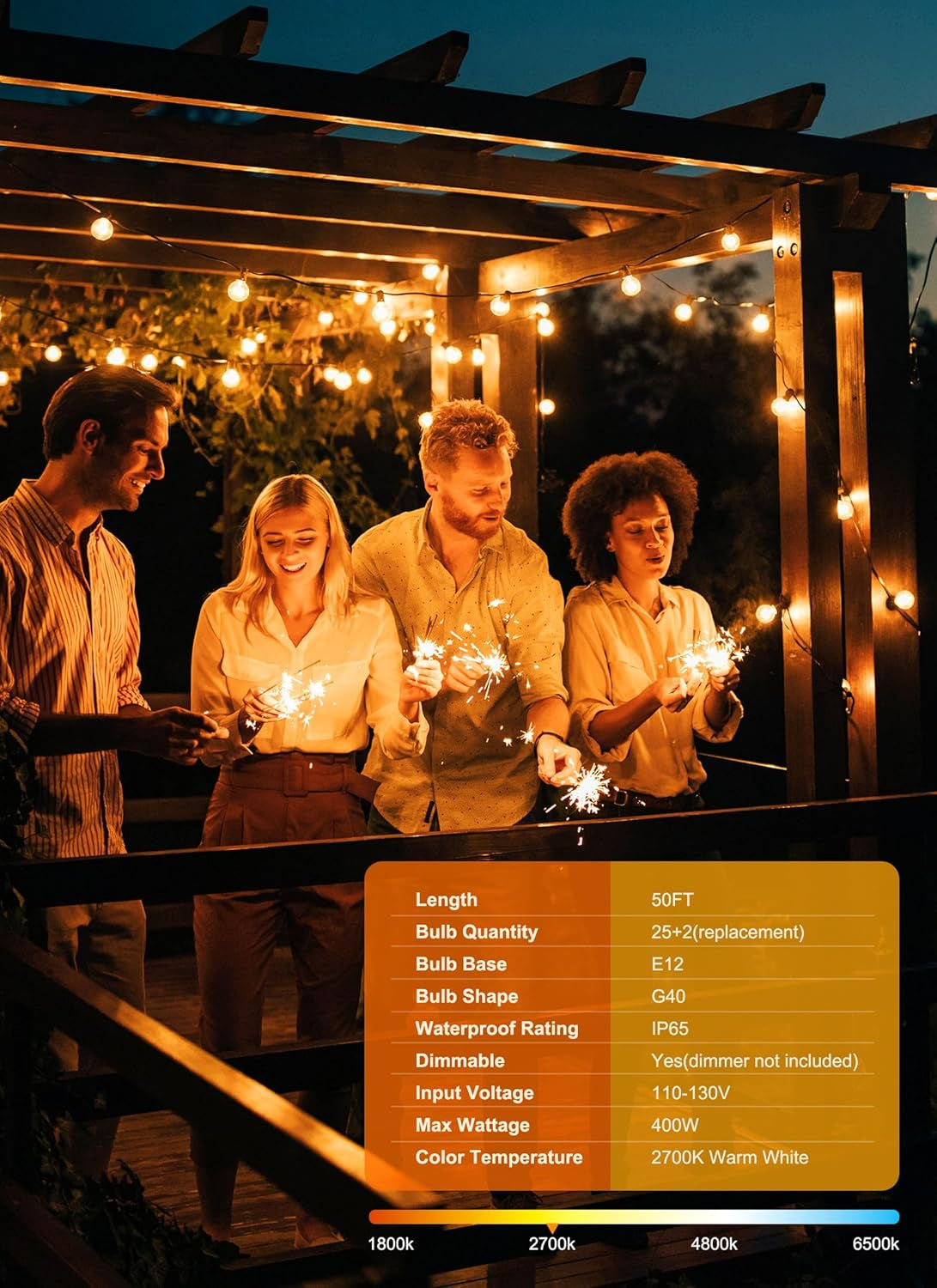 50 Ft Outdoor String Lights - Dimmable LED Patio Lights with Weatherproof G40 Globe Bulbs for Backyard and Porch Decor (25 Bulbs)