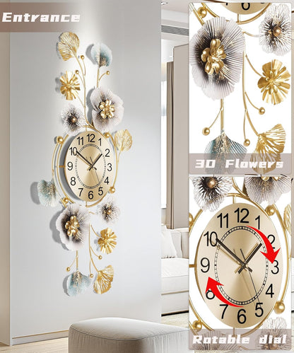 Elegant 3D Metal Ginkgo Leaf Wall Clock - Silent Large Decor for Living Room, Versatile Vertical or Horizontal Display (33''X14'')
