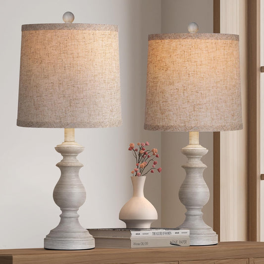 Rustic Farmhouse Table Lamp Set of 2 - 22" Vintage Nightstand Lamps with Linen Shades in Antique Grey for Living Room & Bedroom