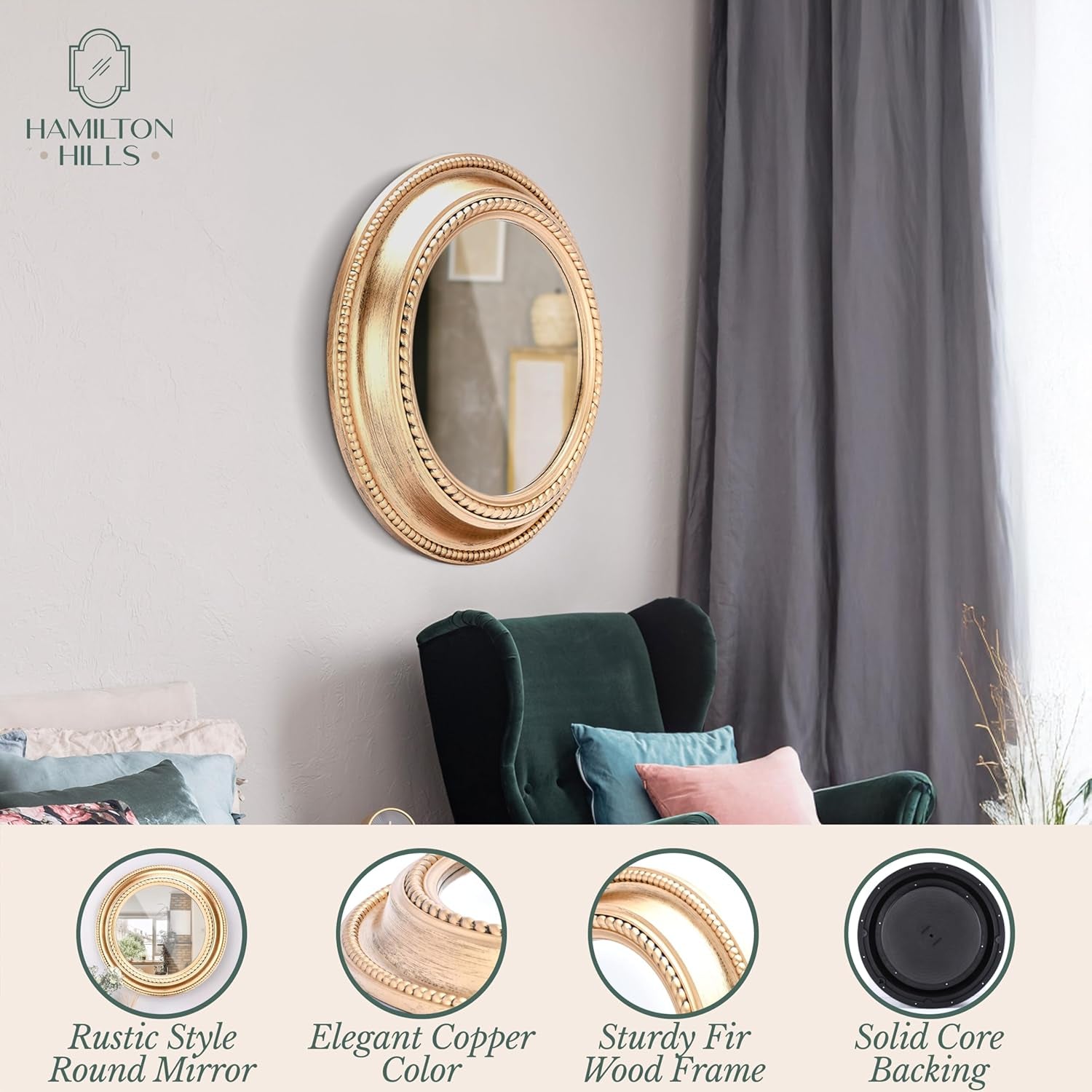 20-Inch Rustic Copper Round Wall Mirror - Elegant Farmhouse Decor with Wooden Finish Frame