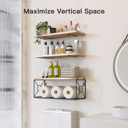 Stylish Natural Wood Over Toilet Shelves with Storage Basket – Perfect for Bathroom, Kitchen, and Living Room Organization & Decor