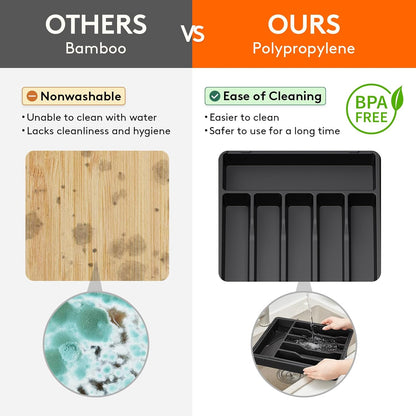 Expandable Silverware Drawer Organizer - Large BPA-Free Utensil Tray for Kitchen, Adjustable Cutlery Storage in Sleek Black