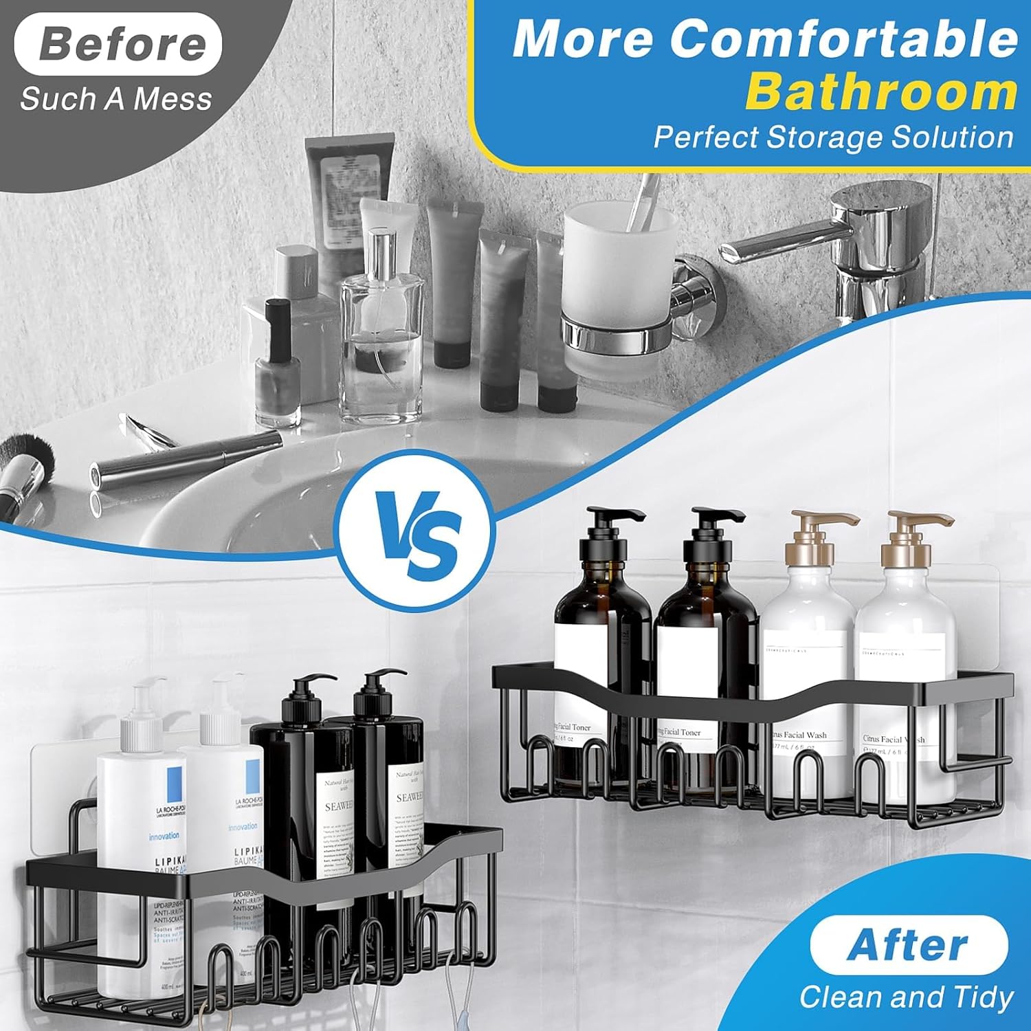 Rustproof Stainless Steel Shower Caddy Set - 5 Pack Adhesive Bath Organizers with Large Capacity, No Drilling Required for Effortless Bathroom Storage & Stylish Home Decor
