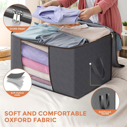 90L Extra-Large Storage Bags - 6 Pack Foldable Closet Organizers with Reinforced Handles for Clothes, Blankets, Bedding, and Toys (Gray)